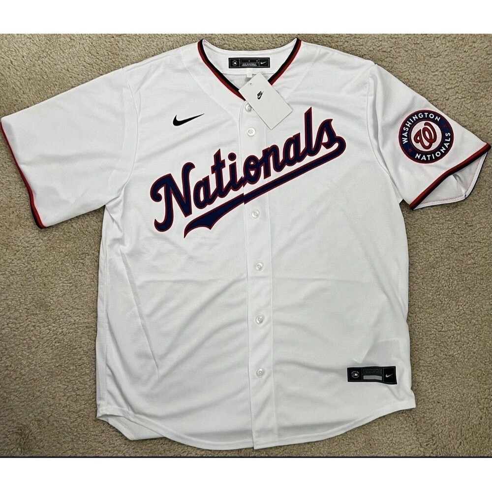 Men’s Size Large WASHINGTON NATIONALS BASEBALL Jersey By Nike White Red Blue NEW